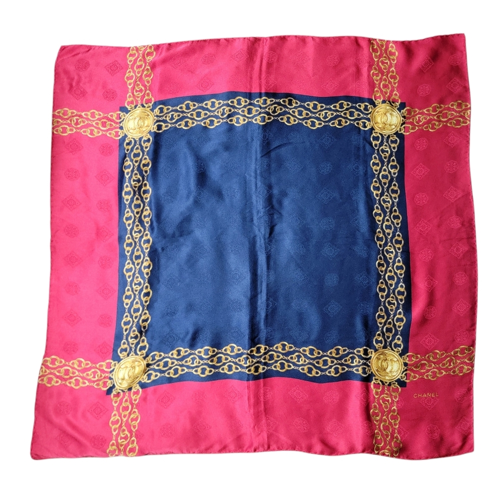 CHANEL Pink, Blue & Gold Chain Print Silk Scarf
